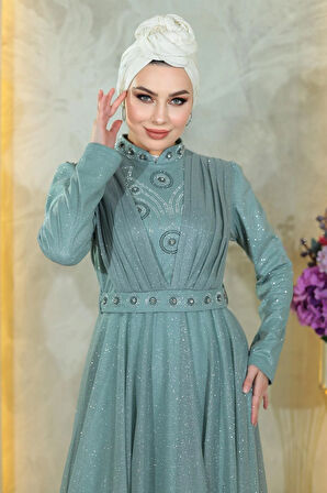 Taş Detaylı Göğsü Drapeli Simli Abiye Mint MSW19188-3