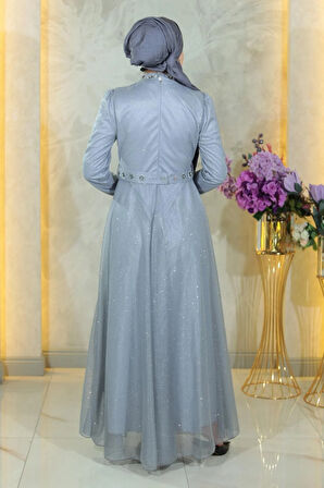 Taş Detaylı Göğsü Drapeli Simli Abiye Gümüş MSW19188-4