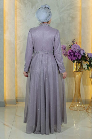 Taş Detaylı Göğsü Drapeli Simli Abiye Lila MSW19188-5