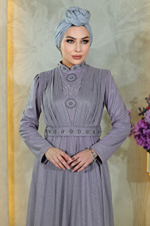 Taş Detaylı Göğsü Drapeli Simli Abiye Lila MSW19188-5