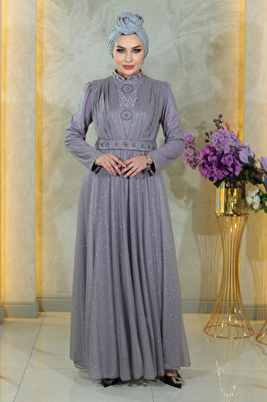 Taş Detaylı Göğsü Drapeli Simli Abiye Lila MSW19188-5