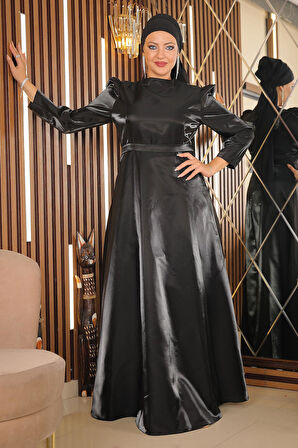 Omuz Büzgülü Büyük Beden Abiye Siyah MSW19128-1