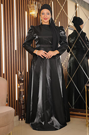 Omuz Büzgülü Büyük Beden Abiye Siyah MSW19128-1