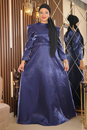 Omuz Büzgülü Büyük Beden Abiye İndigo MSW19128-3