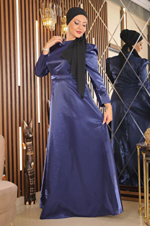 Omuz Büzgülü Büyük Beden Abiye İndigo MSW19128-3