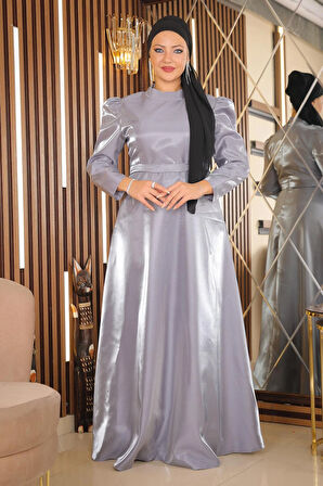 Omuz Büzgülü Büyük Beden Abiye Gri MSW19128-4