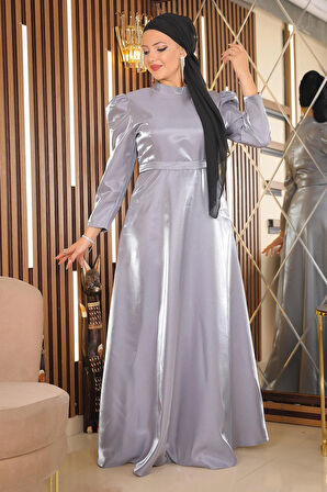 Omuz Büzgülü Büyük Beden Abiye Gri MSW19128-4