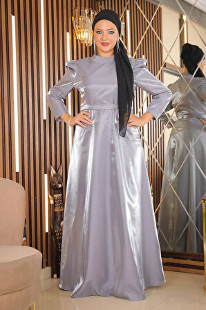 Omuz Büzgülü Büyük Beden Abiye Gri MSW19128-4