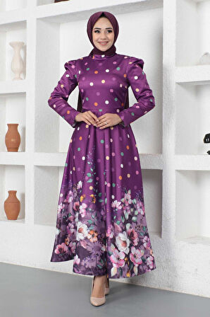 Çiçekli Puantiyeli Saten Abiye Mürdüm MSW12251-1