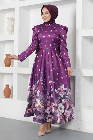 Çiçekli Puantiyeli Saten Abiye Mürdüm MSW12251-1