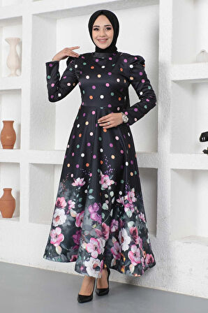 Çiçekli Puantiyeli Saten Abiye Siyah MSW12251-2