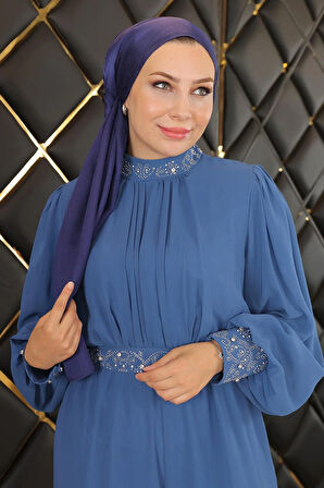 Taş Detaylı Şifon Tulum Abiye Mavi MSW19153-2