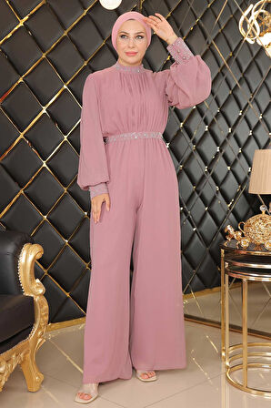 Taş Detaylı Şifon Tulum Abiye Gül Kurusu MSW19153-3