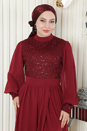 Pulpayetli Şifon Takım Bordo MSW19190-2