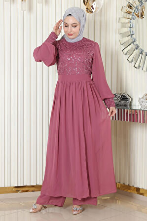 Pulpayetli Şifon Takım Gül Kurusu MSW19190-3