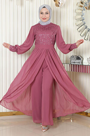 Pulpayetli Şifon Takım Gül Kurusu MSW19190-3