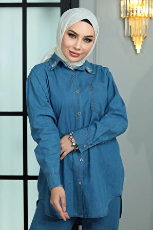 Yakası Taşlı Kot Takım Açık Mavi MSW19183-1