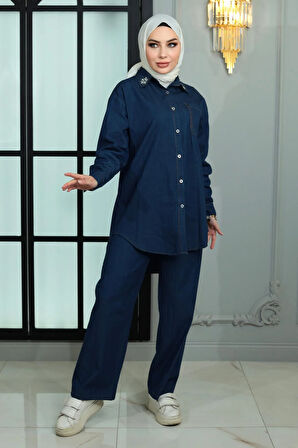 Yakası Taşlı Kot Takım Koyu Mavi MSW19183-2