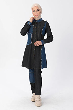 Fermuar Detaylı Tesettür Kot Kombin Siyah MSW10074-1