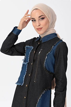 Fermuar Detaylı Tesettür Kot Kombin Siyah MSW10074-1