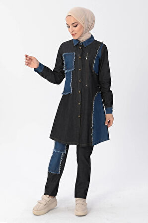 Fermuar Detaylı Tesettür Kot Kombin Siyah MSW10074-1