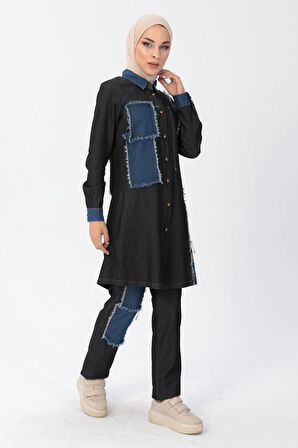 Fermuar Detaylı Tesettür Kot Kombin Siyah MSW10074-1