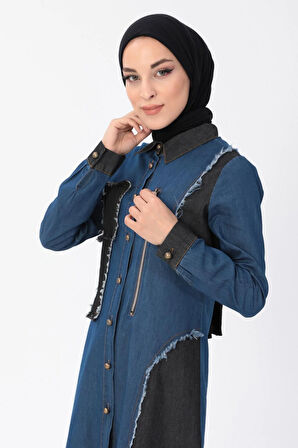 Fermuar Detaylı Tesettür Kot Kombin Koyu Mavi MSW10074-2