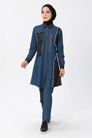 Fermuar Detaylı Tesettür Kot Kombin Koyu Mavi MSW10074-2