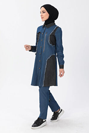 Fermuar Detaylı Tesettür Kot Kombin Koyu Mavi MSW10074-2
