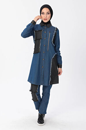 Fermuar Detaylı Tesettür Kot Kombin Koyu Mavi MSW10074-2