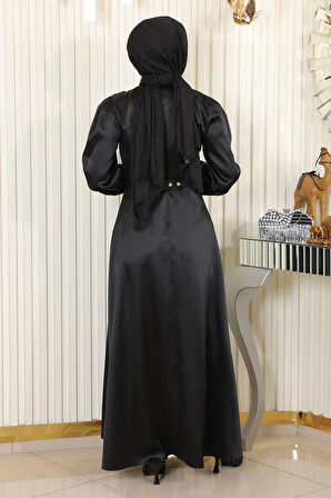 Taş Detaylı Saten Abiye Siyah MSW19901-1