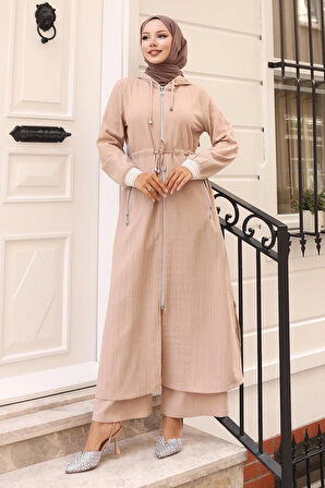 Beli Bağcıklı Kapşonlu Takım Bej 19236