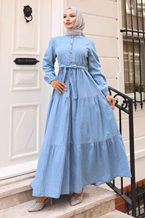 Düğmeli Kat Kat Kot Elbise Açık Mavi 19263