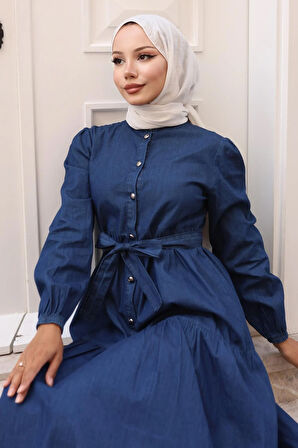 Düğmeli Kat Kat Kot Elbise Koyu Mavi 19263