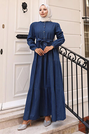 Düğmeli Kat Kat Kot Elbise Koyu Mavi 19263