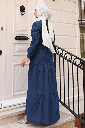 Düğmeli Kat Kat Kot Elbise Koyu Mavi 19263