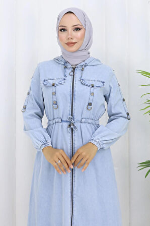 Kapşonlu Beli Bağcıklı Kot Takım Buz Mavisi 19235
