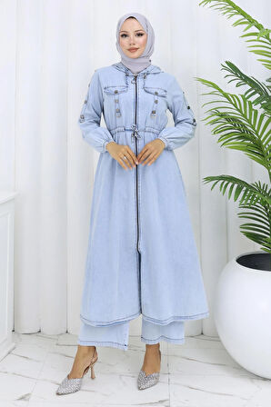 Kapşonlu Beli Bağcıklı Kot Takım Buz Mavisi 19235