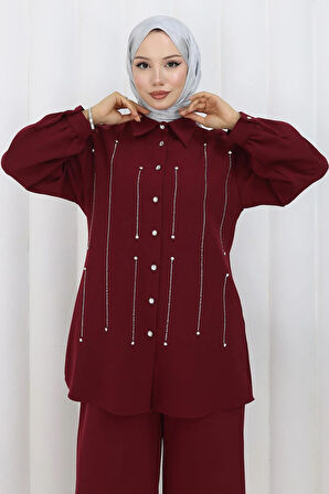 Taş Detaylı Takım Bordo 19266