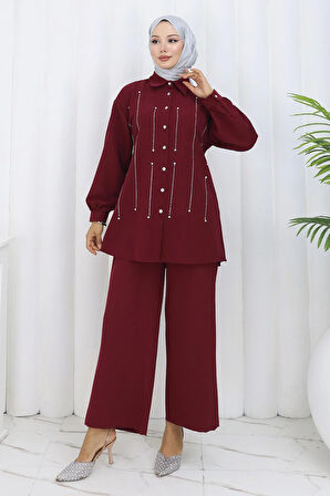 Taş Detaylı Takım Bordo 19266