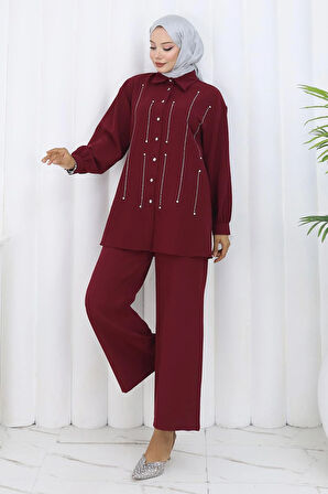 Taş Detaylı Takım Bordo 19266