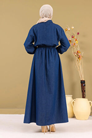 Fermuarlı Beli Lastikli Kot Elbise Koyu Mavi MSW19240-2