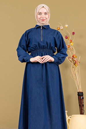 Fermuarlı Beli Lastikli Kot Elbise Koyu Mavi MSW19240-2