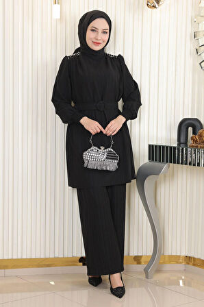 Taş Detaylı Kemerli Takım Siyah MSW19104-1