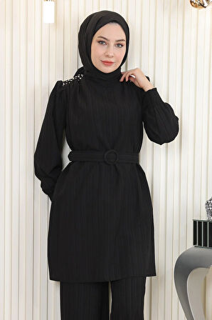 Taş Detaylı Kemerli Takım Siyah MSW19104-1