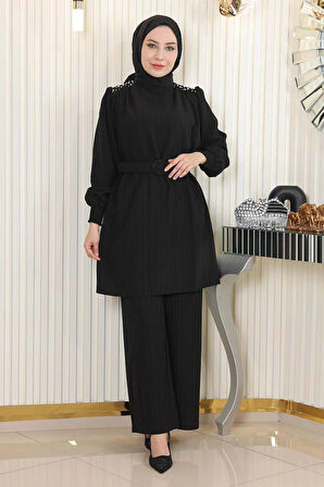 Taş Detaylı Kemerli Takım Siyah MSW19104-1