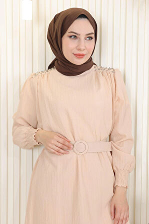 Taş Detaylı Kemerli Takım Bej MSW19104-2