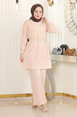 Taş Detaylı Kemerli Takım Bej MSW19104-2