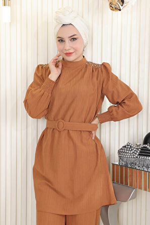 Taş Detaylı Kemerli Takım Taba MSW19104-4