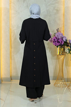 Düğmeli Tesettür Takım Siyah MSW10358-1